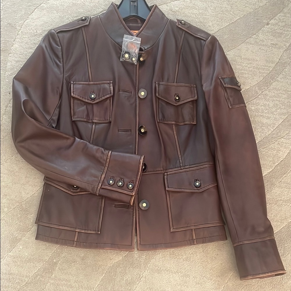 Chic Brown Leather Jacket with Button Accents - image 1